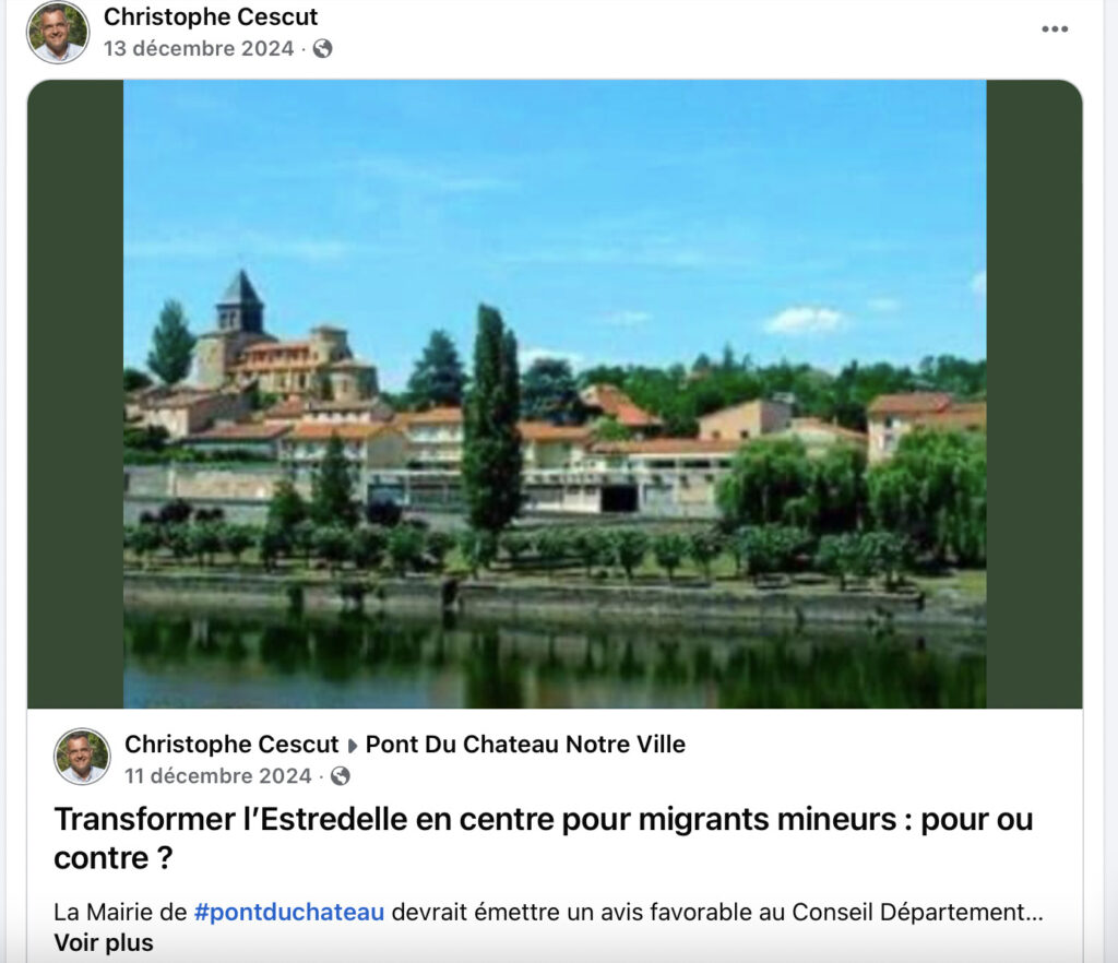 capture d’écran du post Facebook de Christophe Cescut, élu d'opposition à Pont-du-Château.