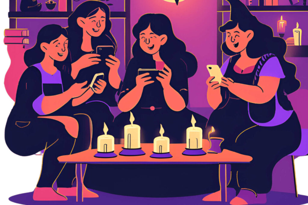 Vue d'artiste de femmes devant un guéridon et des bougies, smartphone à la main.