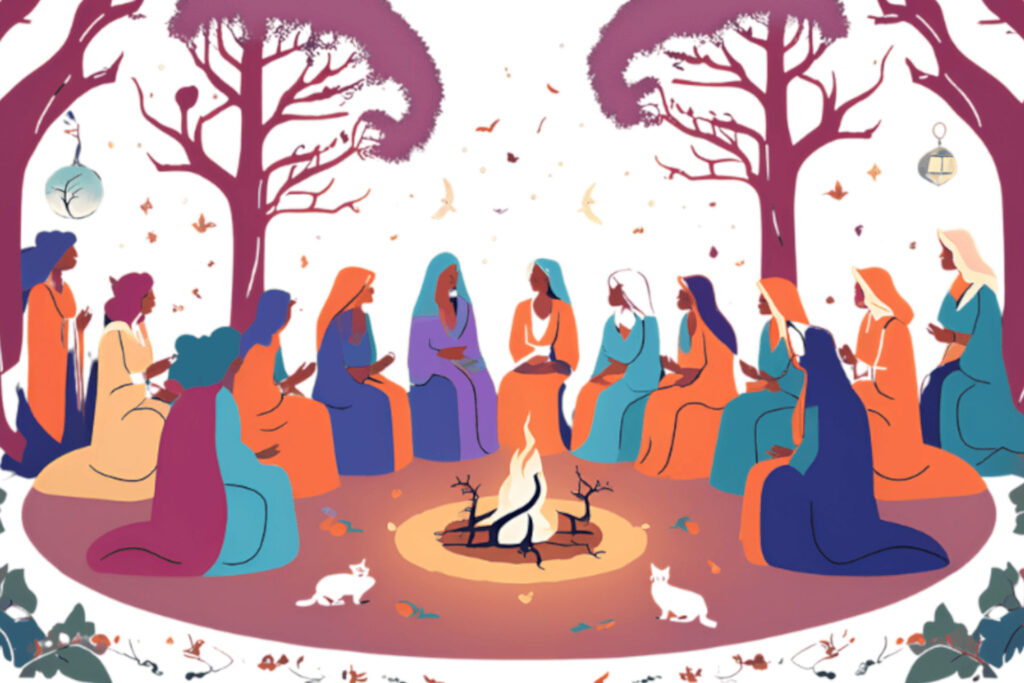 Dessin de femmes voilées, en cercle devant un foyer.