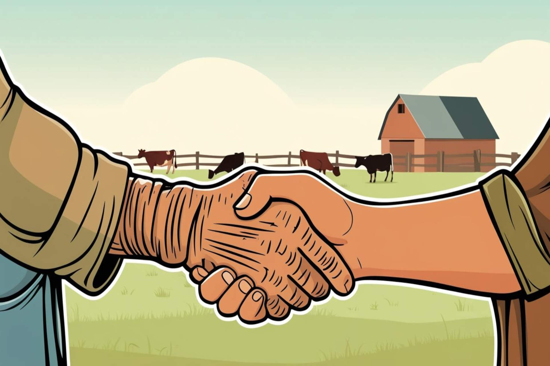 Illustration figurant la transmission d’une ferme entre deux agriculteurs qui se serrent la main.