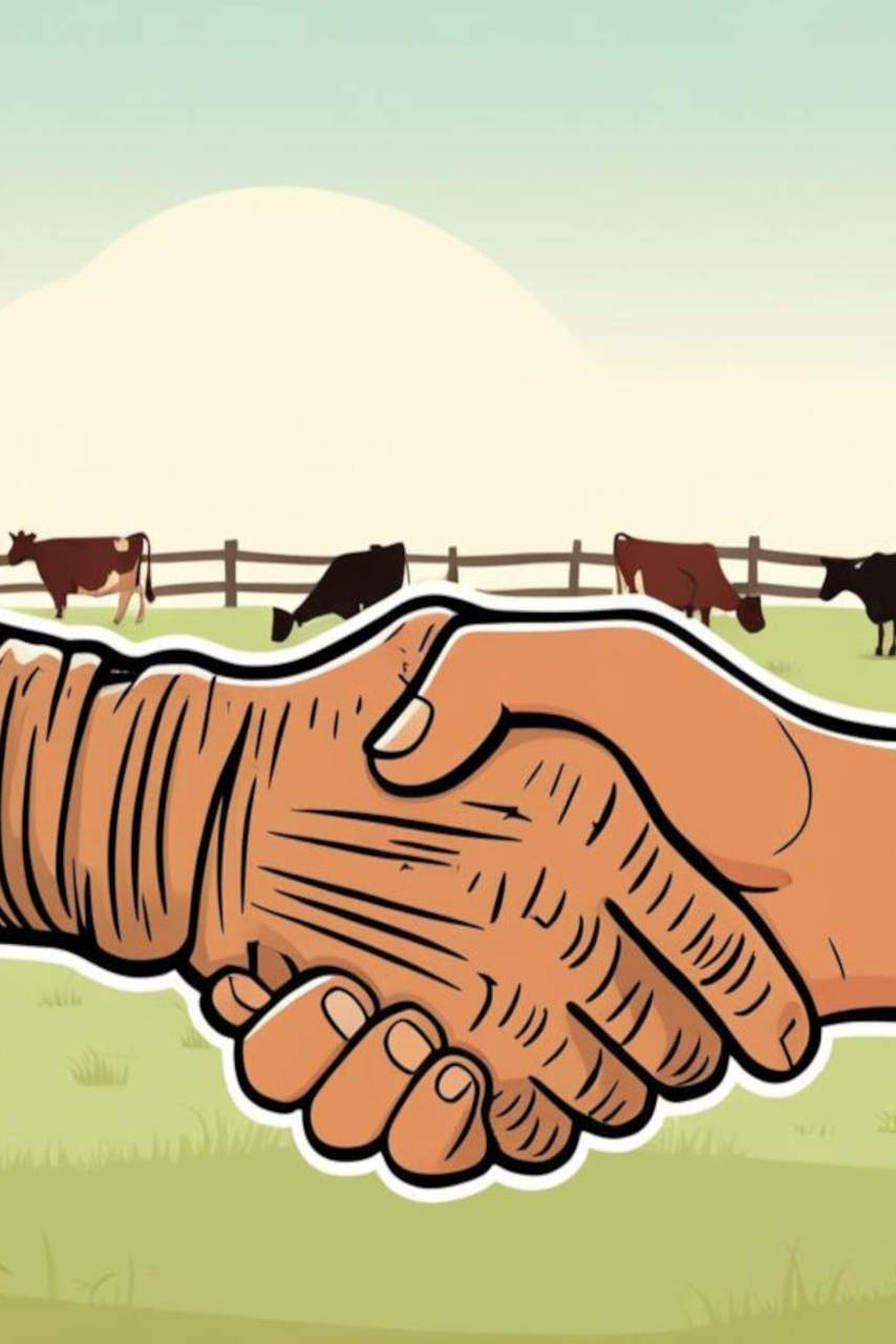 Illustration figurant la transmission d’une ferme entre deux agriculteurs qui se serrent la main.