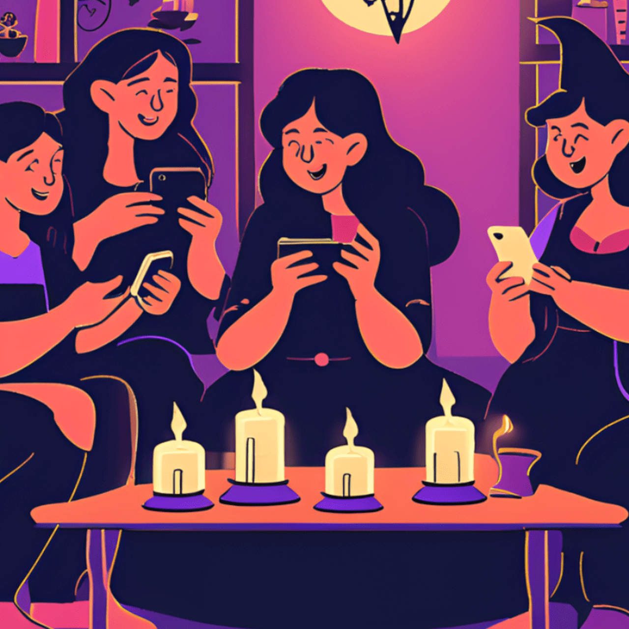 Vue d'artiste de femmes devant un guéridon et des bougies, smartphone à la main.