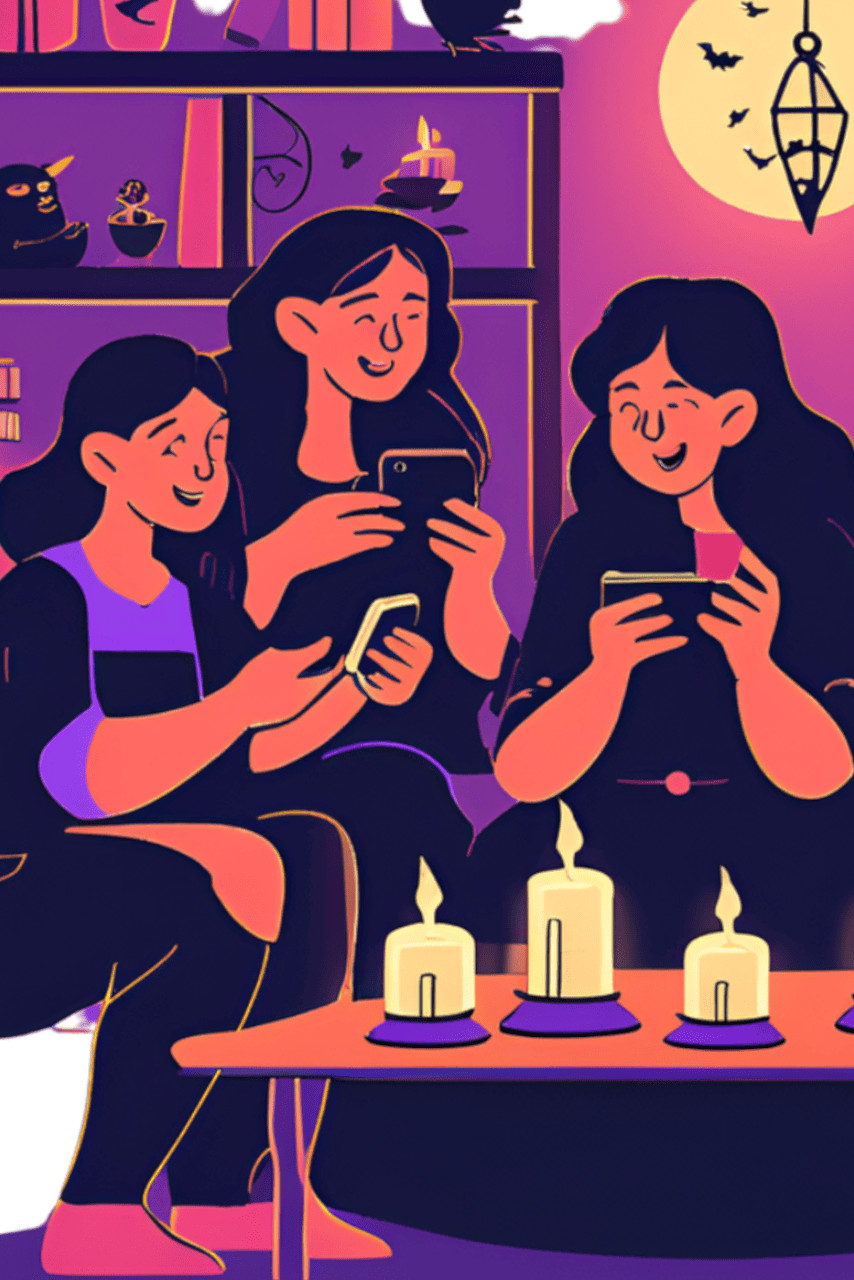 Vue d'artiste de femmes devant un guéridon et des bougies, smartphone à la main.
