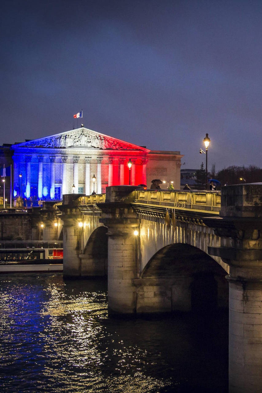Le Palais-Bourbon, siège de l'Assemblée nationale, illuminé aux couleurs du drapeau français.